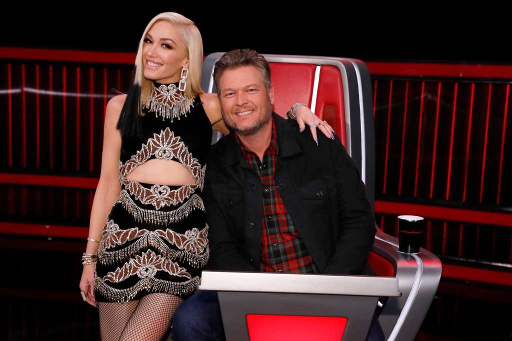 Gwen Stefani and Blake Shelton on the set of "The Voice."