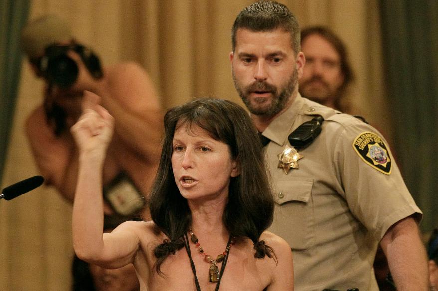 Oxana "Gypsy" Taub, a noted advocate for public nudity, speaks out at a Board of Supervisors meeting in San Francisco in November 2012.