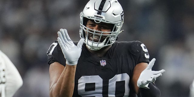 Johnathan Hankins #90 of the Las Vegas Raiders celebrates against the Dallas Cowboys during an NFL game at AT&amp;T Stadium on Nov. 25, 2021 in Arlington, Texas. 