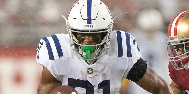 Nyheim Hines of the Indianapolis Colts carries the ball against the San Francisco 49ers at Levi's Stadium on Oct. 24, 2021, in Santa Clara, California.