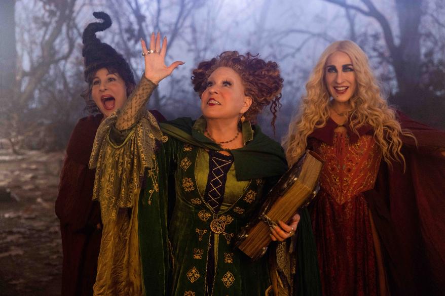 Kathy Najimy as Mary Sanderson, Bette Midler as Winifred Sanderson, and Sarah Jessica Parker as Sarah Sanderson in Disney+'s "Hocus Pocus 2."