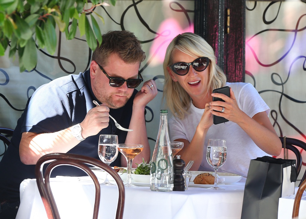 James Corden and his wife Julia dining outside in London.