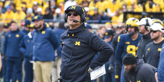 Head Football Coach Jim Harbaugh of the Michigan Wolverines is seen on the sideline during the first half of a college football game against the Penn State Nittany Lions at Michigan Stadium on October 15, 2022 in Ann Arbor, Michigan.