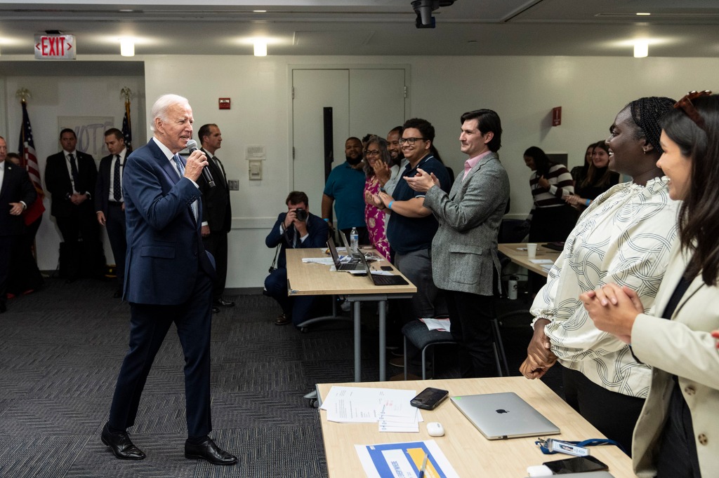 President Joe Biden speaking to DNC staffers and volunteers.