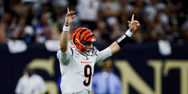 Joe Burrow #9 of the Cincinnati Bengals celebrates after a touchdown during the second half against the New Orleans Saints at Caesars Superdome on October 16, 2022 in New Orleans, Louisiana.