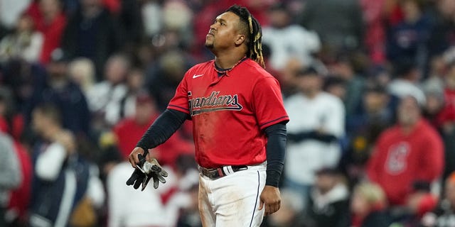 Jose Ramirez #11 of the Cleveland Guardians reacts after getting tagged out during the third inning against the New York Yankees in game four of the American League Division Series at Progressive Field on Oct. 16, 2022 in Cleveland, Ohio.