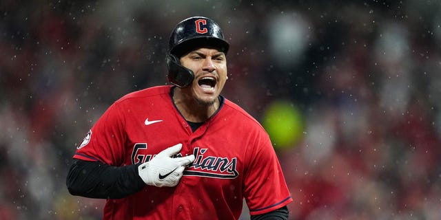 Josh Naylor #22 of the Cleveland Guardians runs the bases after hitting a home run against the New York Yankees during the fourth inning in game four of the American League Division Series at Progressive Field on October 16, 2022 in Cleveland, Ohio.