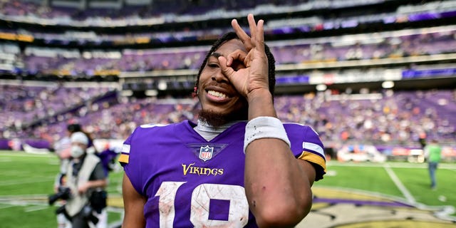 Justin Jefferson #18 of the Minnesota Vikings celebrates a win against the Chicago Bears at U.S. Bank Stadium on October 09, 2022 in Minneapolis, Minnesota. 