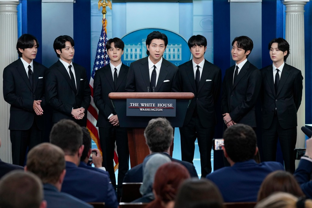 RM, center, accompanied by other K-pop supergroup BTS members from left, V, Jungkook, Jimin, Jin, J-Hope, and Suga at the White House on May 31, 2022.