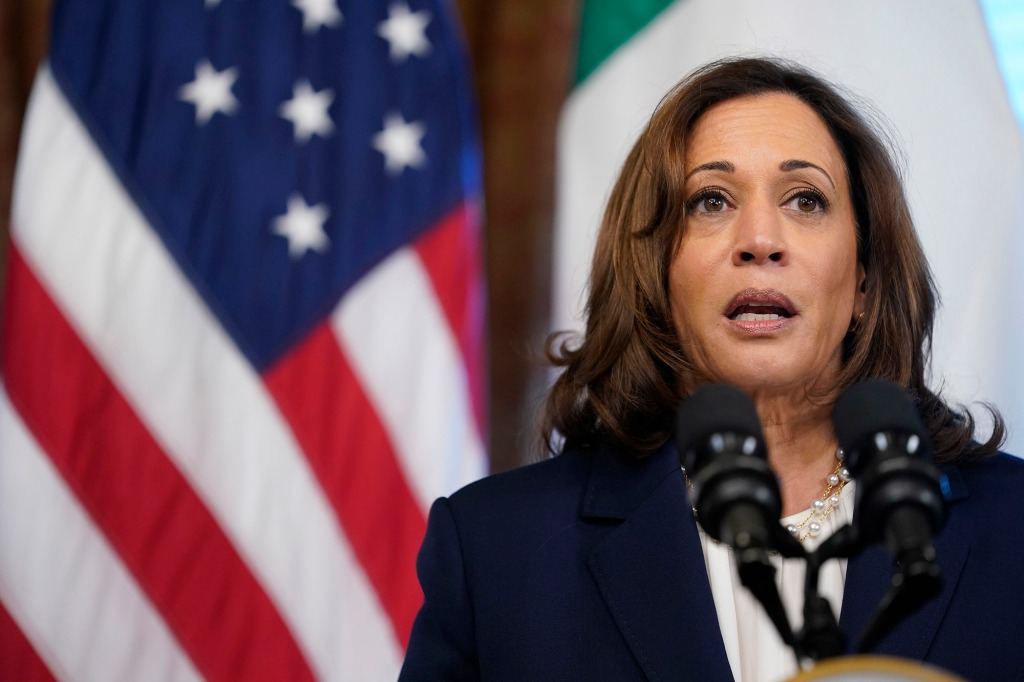 Vice President Kamala Harris speaks during her meeting with Nigeria's Vice President Yemi Osinbajo in Harris' ceremonial office on the White House complex in Washington, Friday, Sept. 2, 2022.