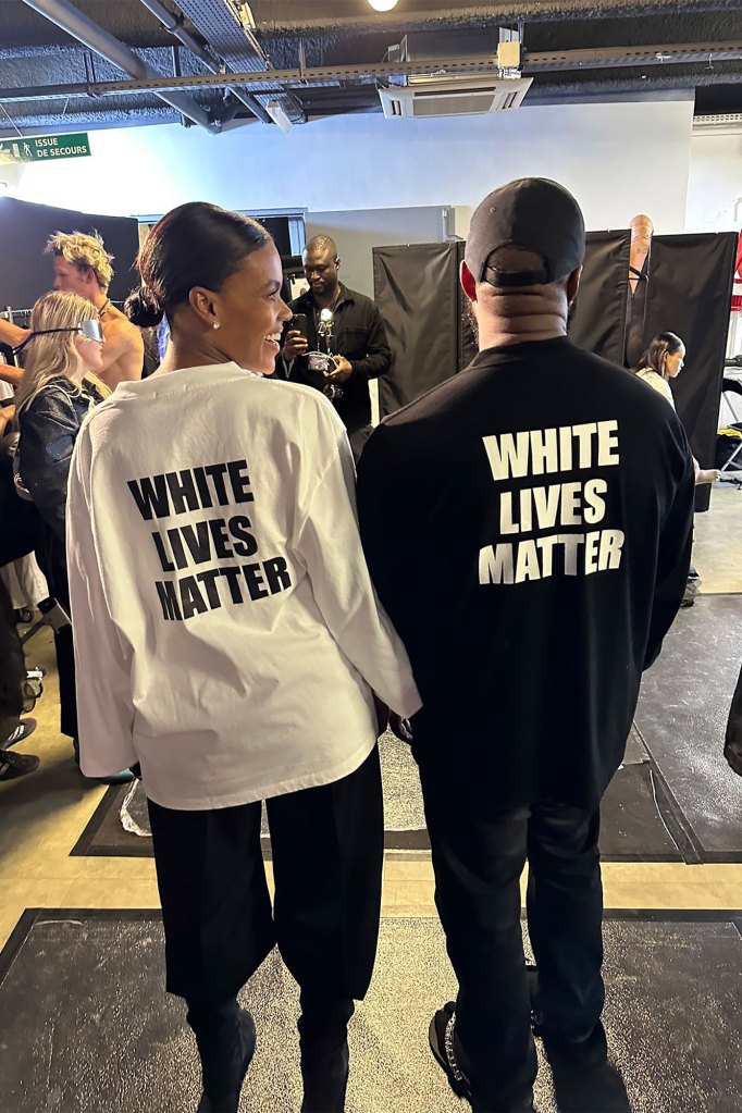 Kanye West wore a shirt featuring the words "White Lives Matter" during his Yeezy Season 9 event at Paris Fashion Week Monday.