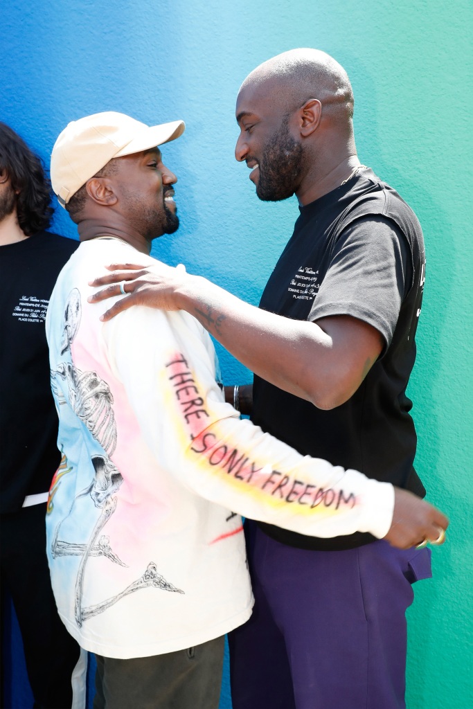 Kanye West and Stylist Virgil Abloh pose after the Louis Vuitton Menswear Spring/Summer 2019 show as part of Paris Fashion Week on June 21, 2018 in Paris, France.  
