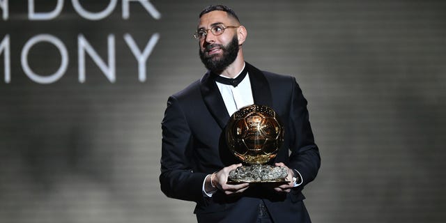 Karim Benzema receives the Ballon d'Or award during the Ballon D'Or ceremony at Theatre Du Chatelet In Paris on Oct. 17, 2022 in Paris, France. 