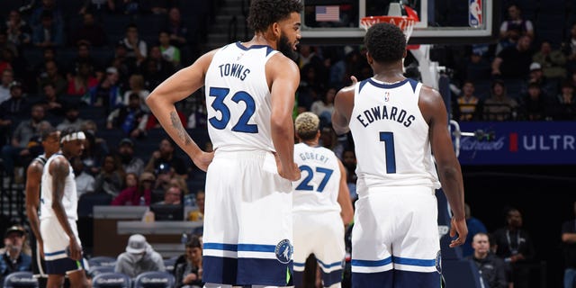 Minnesota Timberwolves' Karl-Anthony Towns (32) talks to Anthony Edwards during the game against the Brooklyn Nets on Oct. 14, 2022, at Target Center in Minneapolis.