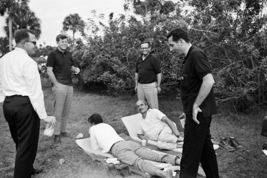 A picture of Hill, along with former President John F. Kennedy, Charles Spalding, and others during a hike along the Sunshine Parkway in Florida in 1963.