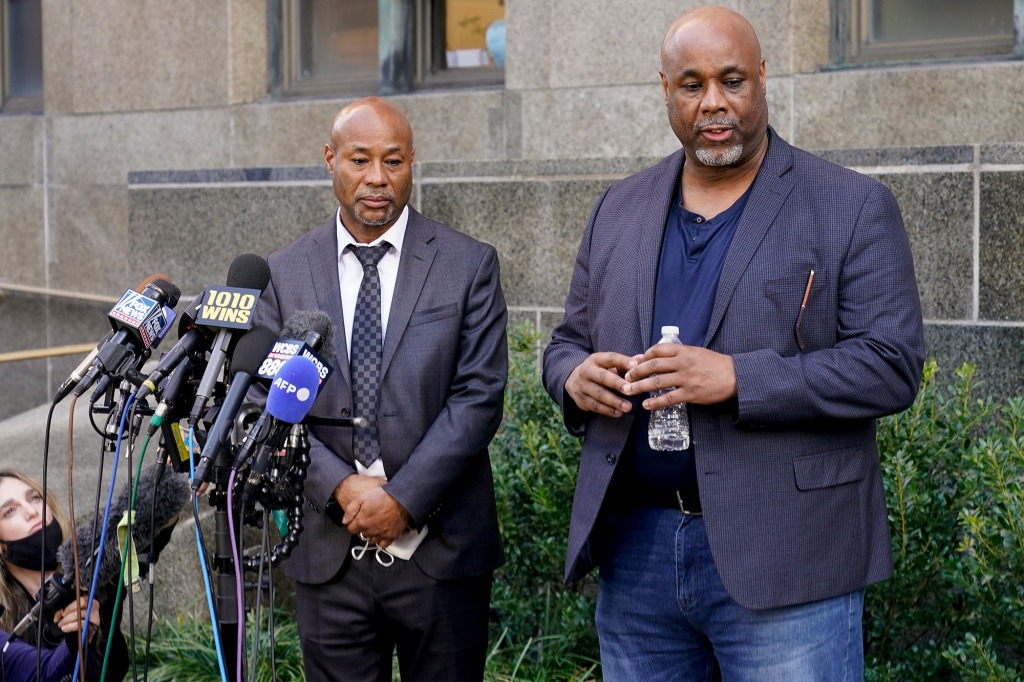 Islam's sons Ameen Johnson and Shahid Johnson at a press conference outside of Manhattan court after their father was exonerated.