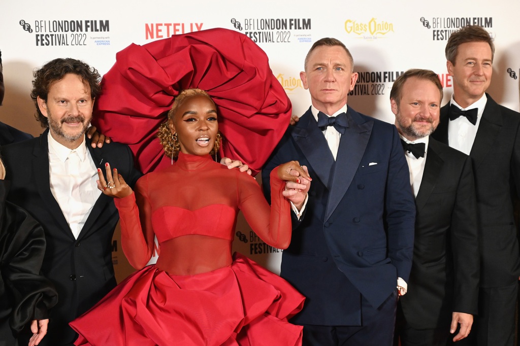 LONDON, ENGLAND - OCTOBER 16: (L-R) Ram Bergman, Janelle Monae, Daniel Craig, Rian Johnson and Edward Norton attend the "Glass Onion: A Knives Out Mystery" European Premiere Closing Night Gala during the 66th BFI London Film Festival at The Royal Festival Hall on October 16, 2022 in London, England. (Photo by Dave J Hogan/Getty Images)