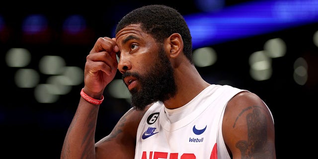 Kyrie Irving #11 of the Brooklyn Nets reacts in the fourth quarter against the Indiana Pacers at Barclays Center on October 29, 2022 in the Brooklyn borough of New York City. The Indiana Pacers defeated the Brooklyn Nets 125-116.