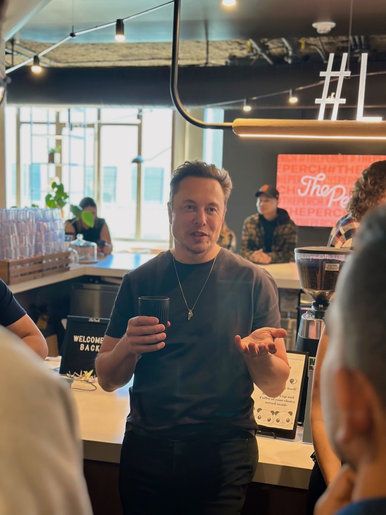 Elon Musk at Twitter headquarters coffee bar.