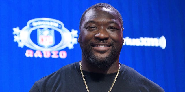 Former NFL player LeGarrette Blount speaks during the SiriusXM At Super Bowl LVI program on Feb. 11, 2022, in Los Angeles.