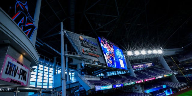 View of the scoreboard and left field seats at loanDepot Park before a game between the Washington Nationals and Miami Marlins June 9, 2022, in Miami, Fla.