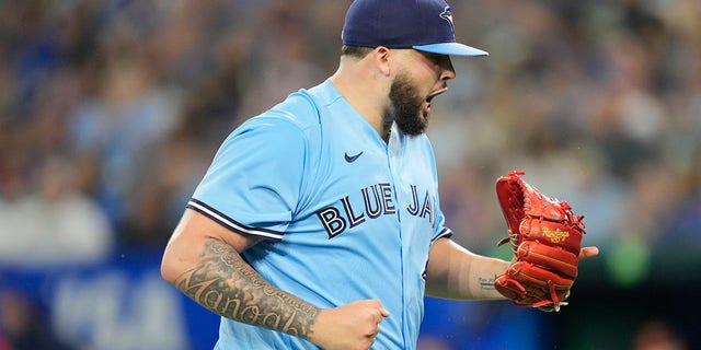 Alek Manoah of the Toronto Blue Jays celebrates at the end of the third inning against the Baltimore Orioles during a game at the Rogers Centre Sept. 18, 2022, in Toronto, Ontario, Canada.