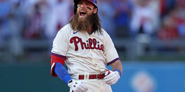 Brandon Marsh of the Philadelphia Phillies reacts to a double he hit against the Atlanta Braves during the fourth inning in Game 4 of a National League Division Series at Citizens Bank Park Oct. 15, 2022, in Philadelphia.