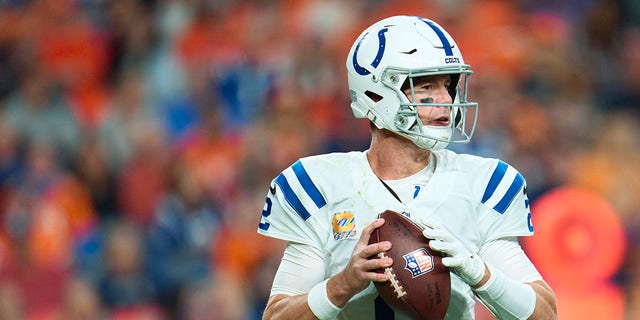 Matt Ryan #2 of the Indianapolis Colts drops back to pass against the Denver Broncos at Empower Field at Mile High on October 6, 2022 in Denver, Colorado.