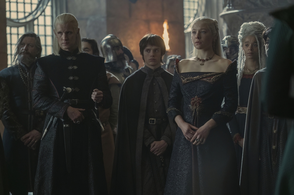 Daemon Targaryen (Matt Smith), Jace (Harry Collett), Rhaenyra (Emma D'Arcy) and Daemon's daughter Rhaena (Phoebe Campbell). 