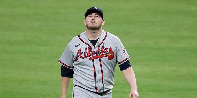 Tyler Matzek of the Atlanta Braves walks to the dugout after retiring the side during the eighth inning against the Houston Astros in Game 6 of the World Series at Minute Maid Park Nov. 2, 2021 in Houston.