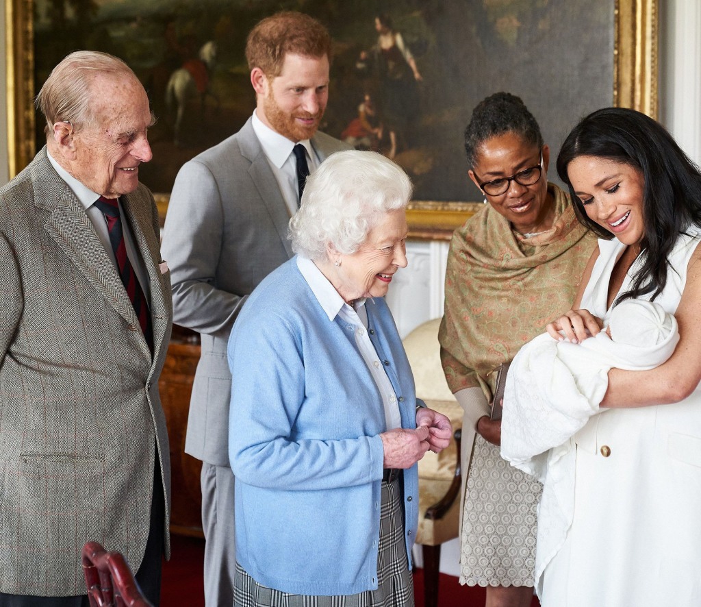 Prince Harry, Duke of Sussex, and Meghan Markle, Duchess of Sussex are joined by The Queen, The Duke of Edinburgh and Doria Ragland, as they present their baby son Archie to the World at Windsor Castle, Windsor, Berkshire, UK, on the 8th May 2019.