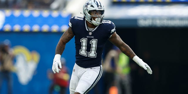 Micah Parsons #11 of the Dallas Cowboys runs as he defends during an NFL football game between the Los Angeles Rams and the Dallas Cowboys at SoFi Stadium on Oct. 9, 2022 in Inglewood, California. 