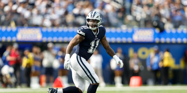 Micah Parsons #11 of the Dallas Cowboys runs as he defends during an NFL football game between the Los Angeles Rams and the Dallas Cowboys at SoFi Stadium on Oct. 9, 2022 in Inglewood, California.