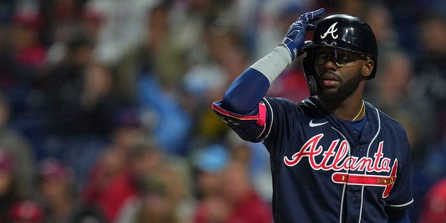 Michael Harris II of the Atlanta Braves looks on against the Philadelphia Phillies at Citizens Bank Park Sept. 23, 2022, in Philadelphia.