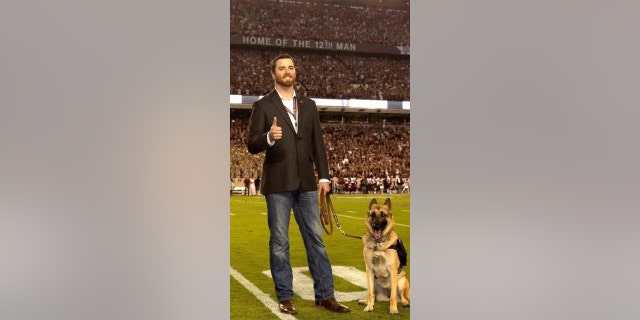 Cole Lyle and his dog, Kaya, who is trained to help with PTSD, with skills in "animal-assisted intervention."