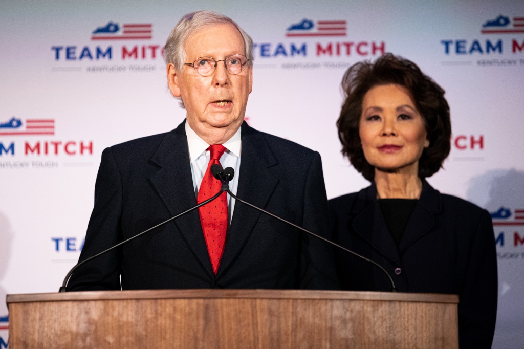 Senate Majority Leader Mitch McConnell (R-KY), delivers his victory speech next to his wife, Elaine Chao, at the Omni Louisville Hotel on November 3, 2020 in Louisville, Kentucky. McConnell has reportedly defeated his opponent, Democratic U.S. Senate candidate Amy McGrath, marking his seventh consecutive U.S. Senate win.