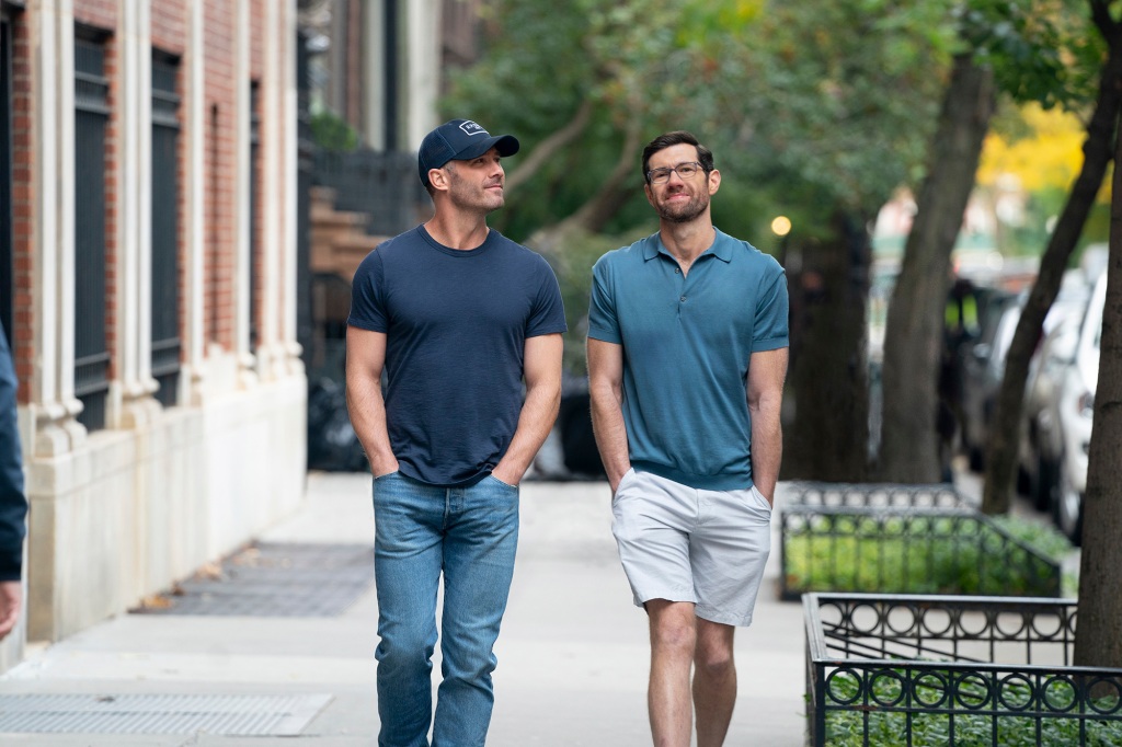 Macfarlane and Eichner are pictured in a scene from "Bros," which underperformed on opening weekend. 