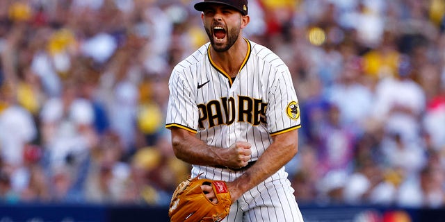 Nick Martinez of the San Diego Padres reacts after the final out in the top of the sixth inning against the Philadelphia Phillies in Game 2 of the National League Championship Series at PETCO Park Oct. 19, 2022, in San Diego.