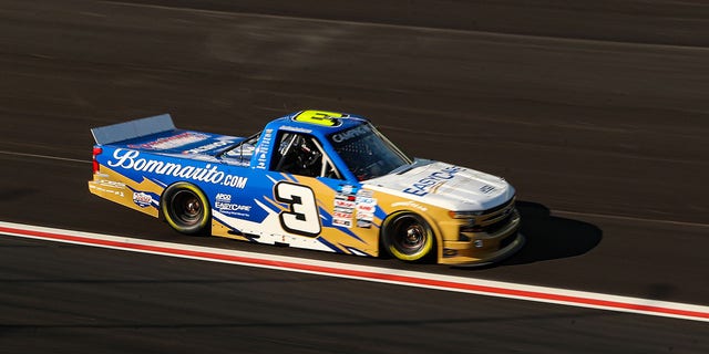 Jordan Anderson, driver of the No. 3 EasyCare/Bommarito.com Chevrolet, drives during practice for the NASCAR Camping World Truck Series Fr8 208 at Atlanta Motor Speedway March 19, 2022, in Hampton, Ga.