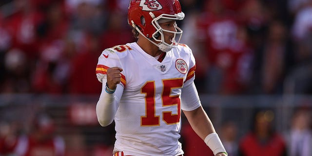 Patrick Mahomes #15 of the Kansas City Chiefs celebrates a throw in the third quarter against the San Francisco 49ers at Levi's Stadium on October 23, 2022, in Santa Clara, California. 