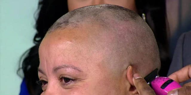 Savannah Brown's great aunt shaves her head on live television in support of the little girl's fight against alopecia.