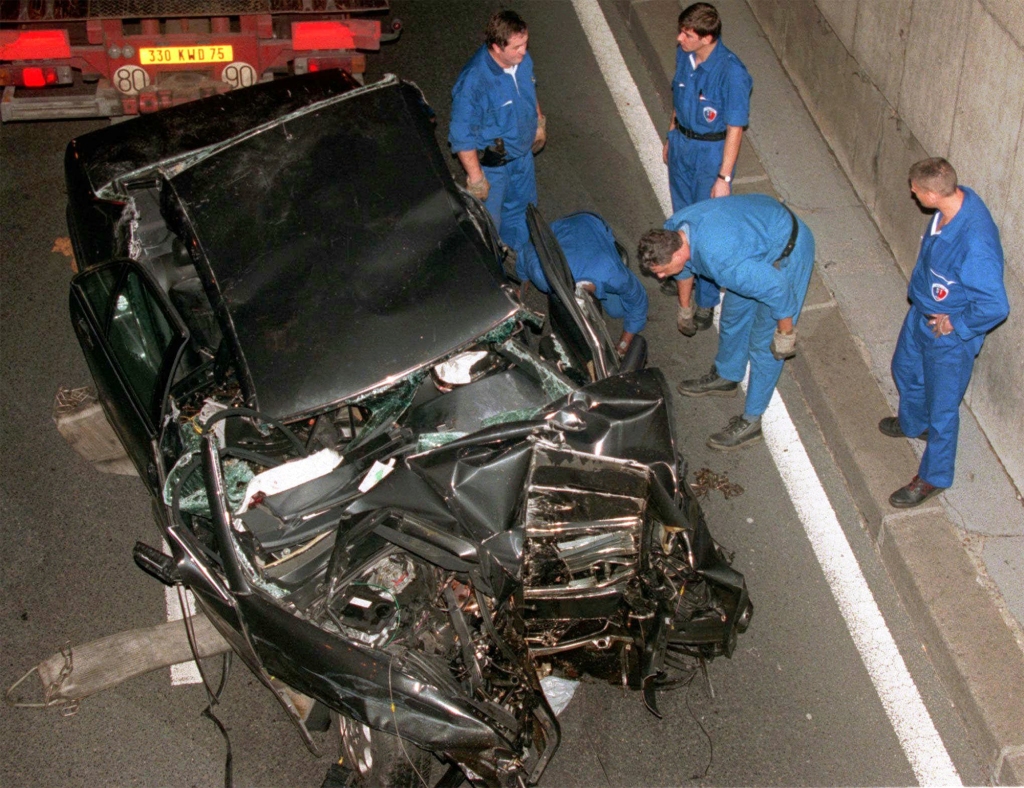 The damaged car in the Pont d'Alma tunnel in Paris in which Princess Diana and Dodi Fayed were riding in.