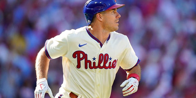 Philadelphia Phillies catcher J.T. Realmuto (10) runs after his home run inside the park during the third inning in Game 4 of baseball's National League Division Series between the Philadelphia Phillies and the Atlanta Braves, Saturday, Oct. 15, 2022, in Philadelphia.