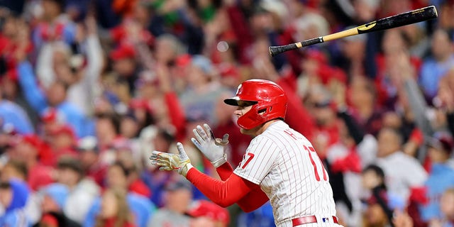 Rhys Hoskins #17 of the Philadelphia Phillies reacts after his two-run home run against the San Diego Padres during the fifth inning in game four of the National League Championship Series at Citizens Bank Park on October 22, 2022 in Philadelphia, Pennsylvania.