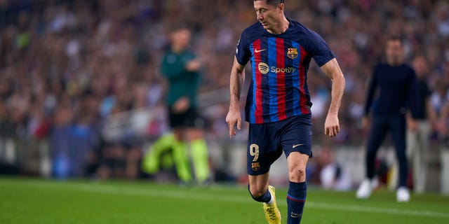 Robert Lewandowski of FC Barcelona in action during the UEFA Champions League group C match between FC Barcelona and FC Bayern München at Spotify Camp Nou on Oct. 26, 2022 in Barcelona, Spain.