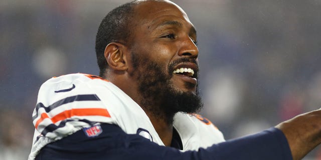 Robert Quinn of the Chicago Bears stretches before a game against the New England Patriots at Gillette Stadium Oct. 24, 2022, in Foxborough, Mass.