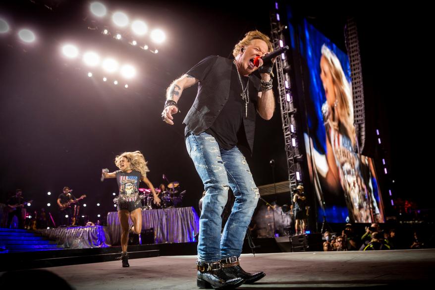 Guns n Roses lead singer Axl Rose makes a surprise appearance with Saturdays headliner Carrie Underwood to sing a pair of the groups famous songs on the Mane Stage during the second day of the three-day Stagecoach Country Music Festival in Indio Saturday, April 30, 2022.