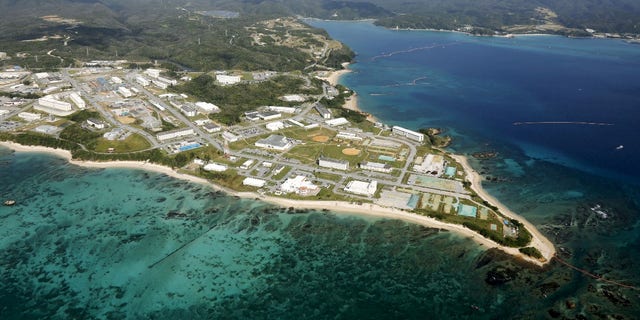 FILE -- Coral reefs are seen along the coast near the U.S. Marine base Camp Schwab, off the tiny hamlet of Henoko in Nago, on the southern Japanese island of Okinawa, in this file aerial photo taken by Kyodo Oct. 29, 2015, file photo.