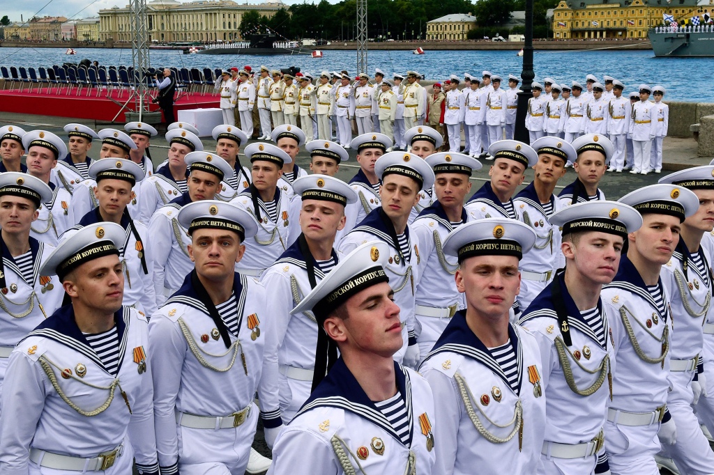 Russian Navy sailors take part in a parade marking Russian Navy Day, in St. Petersburg on July 31, 2022. 