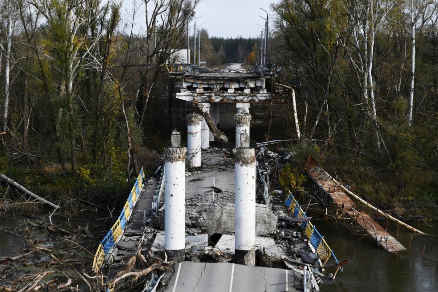 A bridge is damaged in Bohorodychne, eastern Ukraine, following attacks.